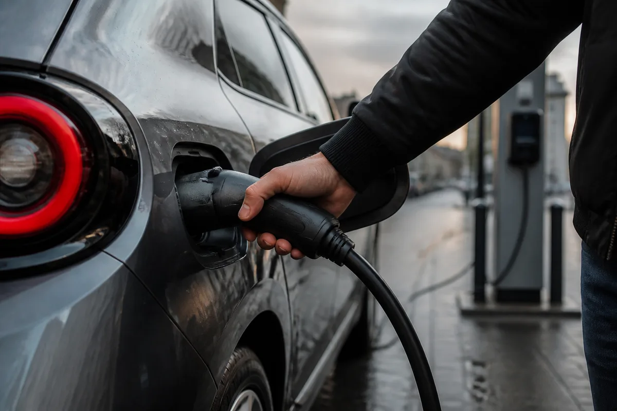 Câble de recharge branché sur une petite voiture électrique devant une borne urbaine