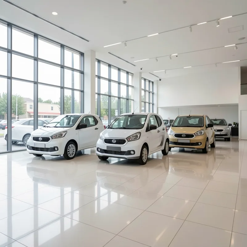 Hall d&rsquo;exposition automobile avec plusieurs citadines alignées sous éclairage naturel