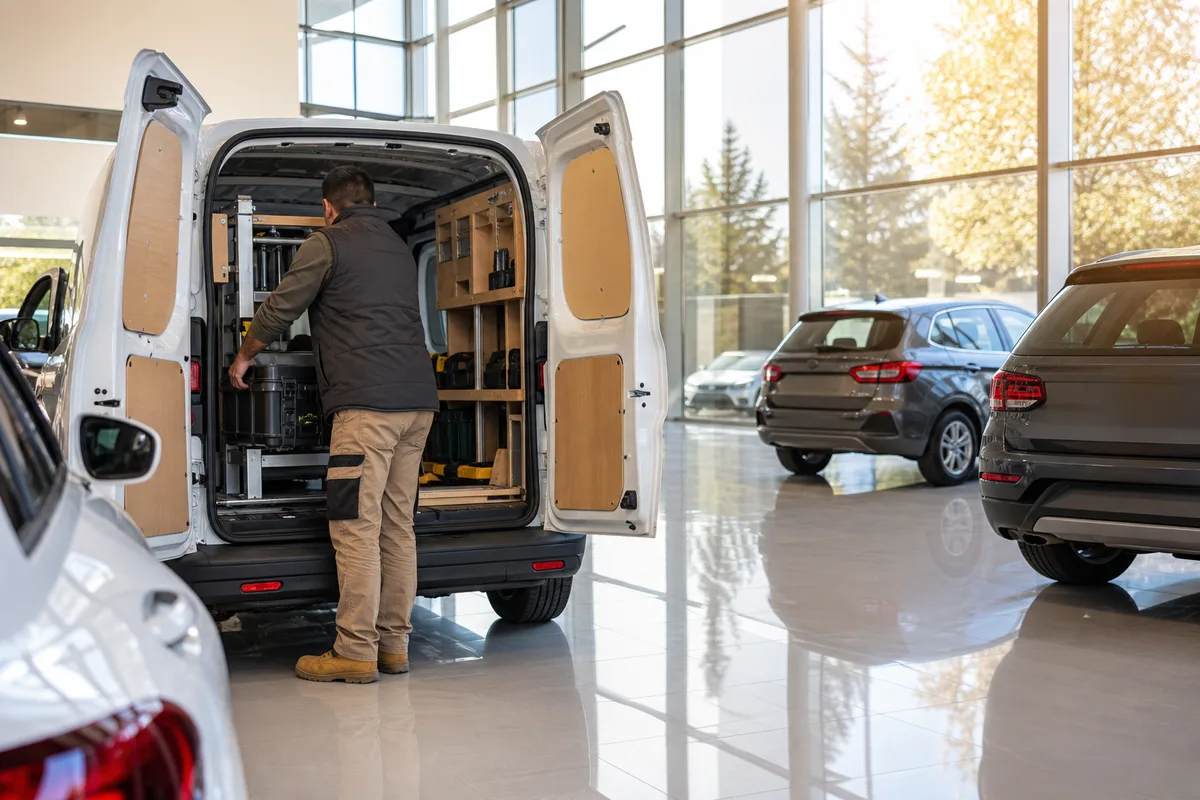 Artisan chargeant du matériel dans un fourgon utilitaire aux portes arrière ouvertes