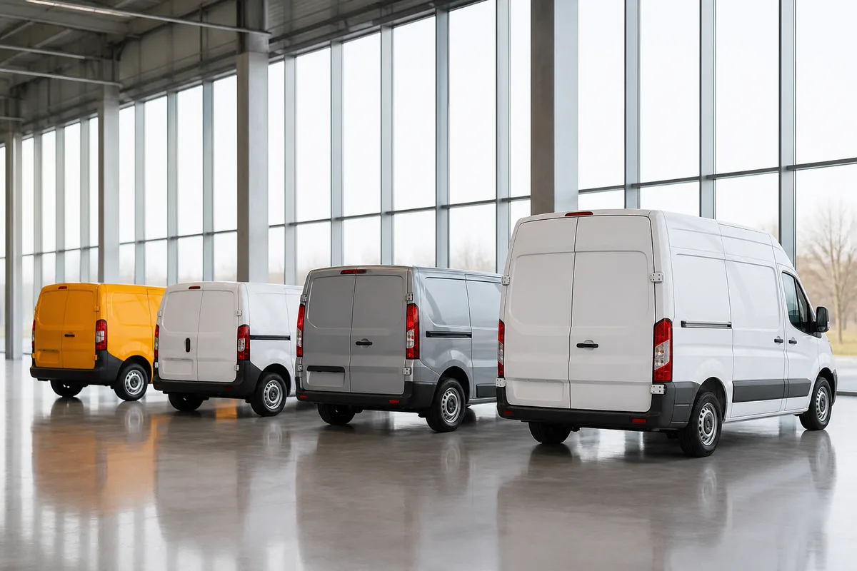Comparatif de véhicules utilitaires alignés sur un parking professionnel