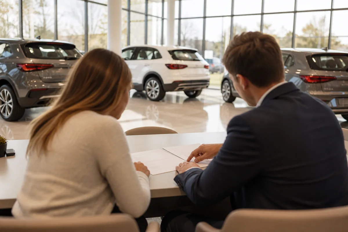 Client et conseiller examinant des documents de commande dans un espace de vente automobile