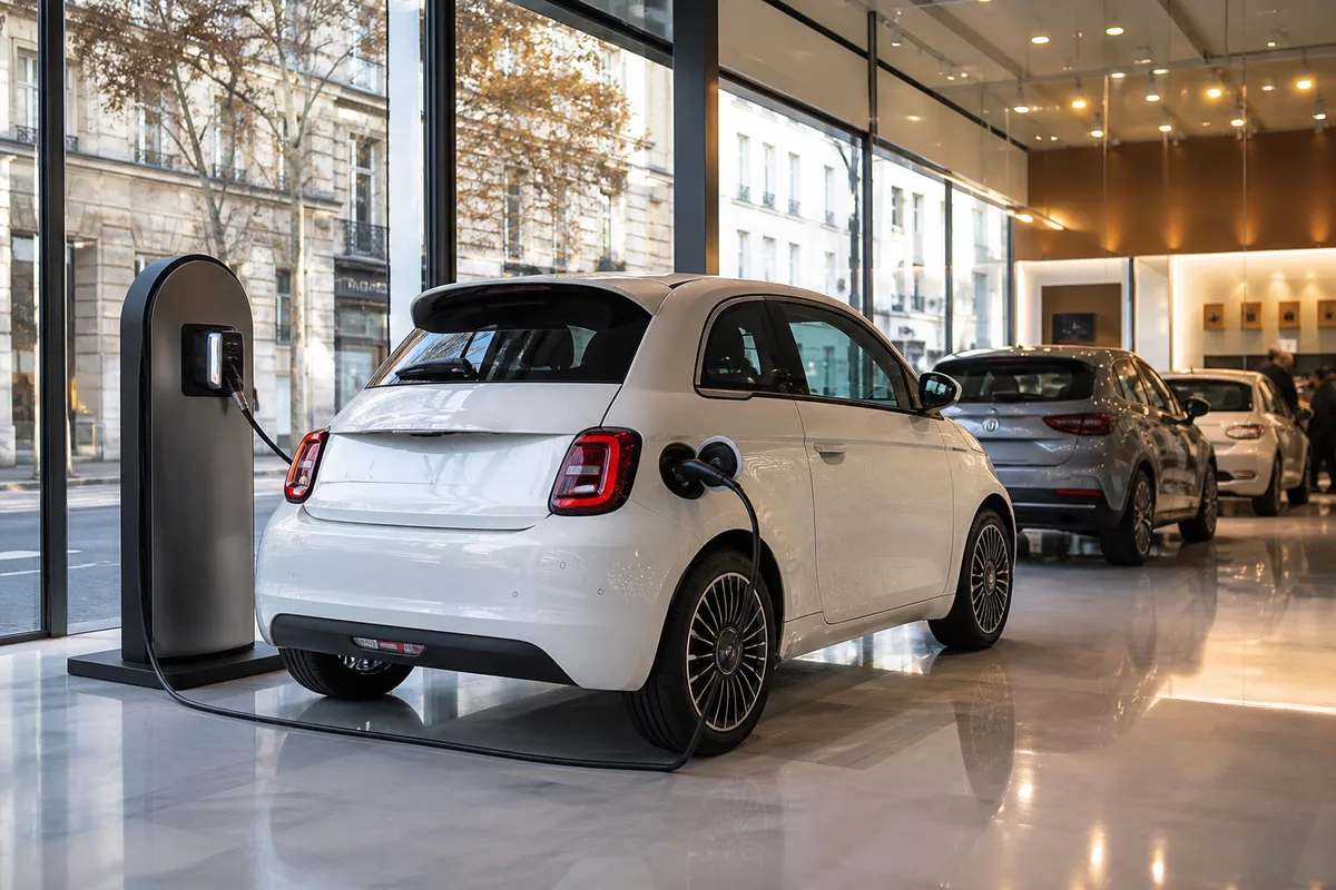Fiat 500e blanche branchée à une borne de recharge dans une rue urbaine