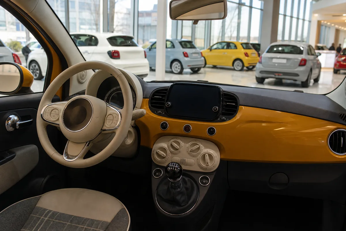 Intérieur d&rsquo;une citadine Fiat 500 avec volant, écran central et sélecteur de mode