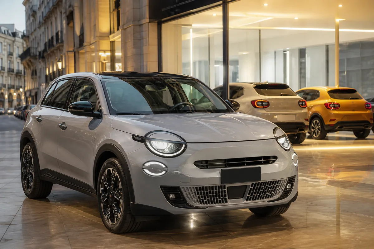 Crossover urbain Fiat 600 hybride vu de trois quarts avant dans une rue de centre-ville