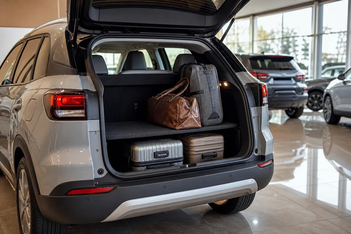 Coffre ouvert d&rsquo;un crossover urbain avec plancher de chargement réglable et bagages