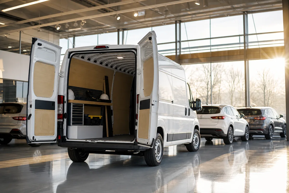 Fourgon Fiat Ducato blanc vu de trois quarts arrière portes ouvertes sur un chantier
