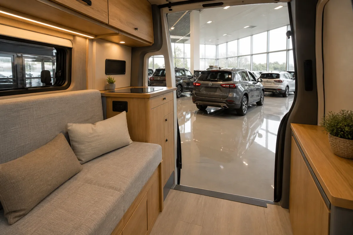 Intérieur d’un fourgon aménagé avec banquette, plan de travail et rangements en bois