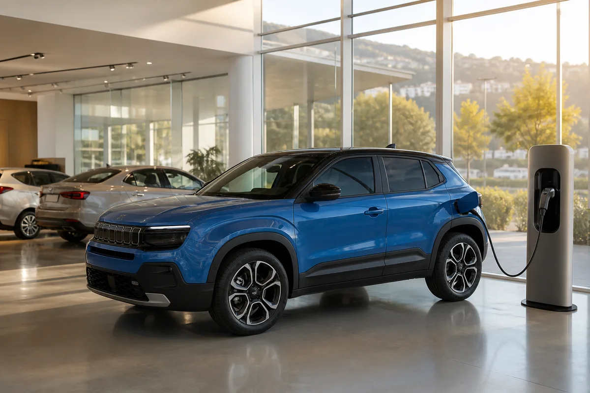 Jeep Avenger électrique bleu garé devant une borne de recharge en zone périurbaine