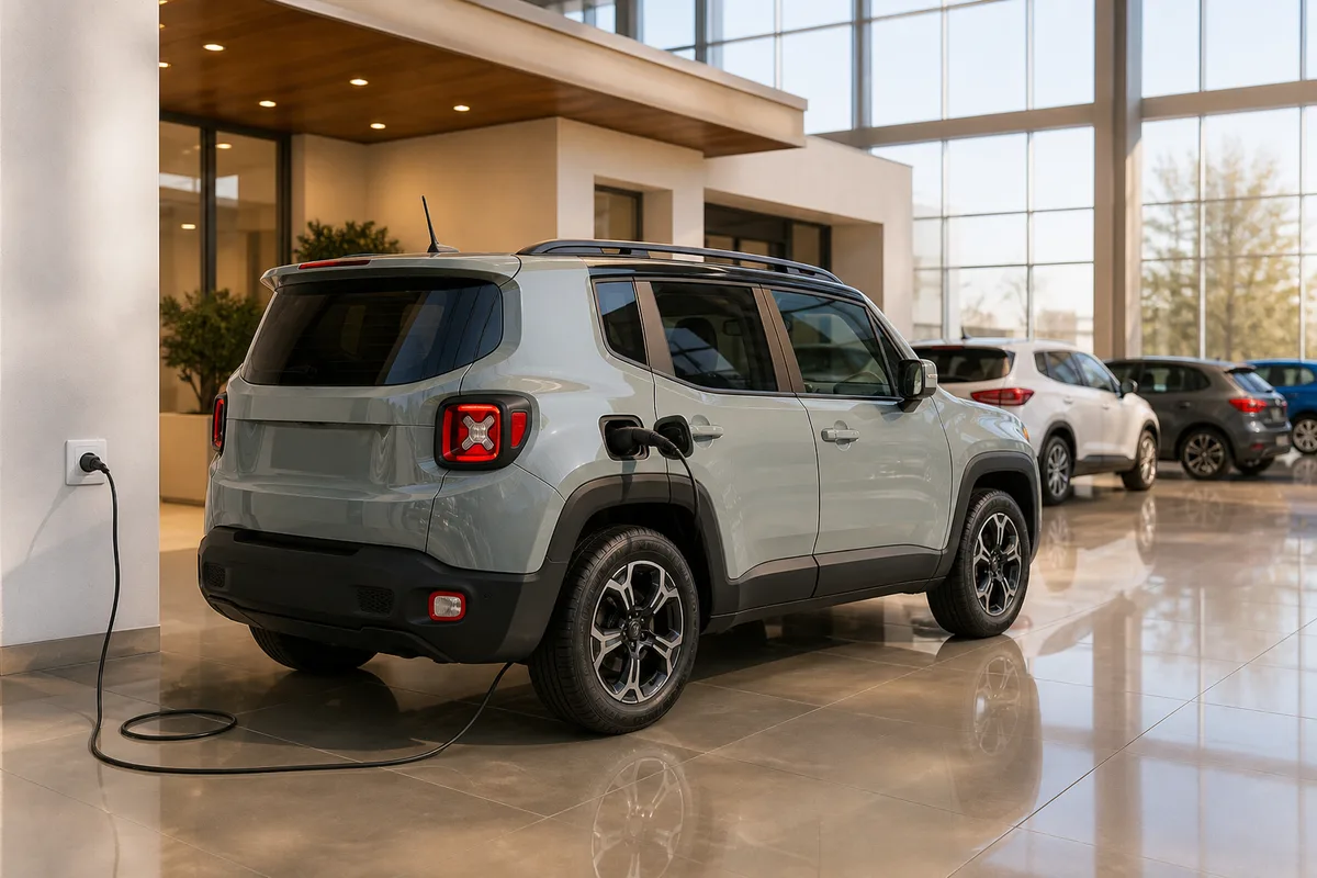 Jeep Renegade 4xe branché sur une prise domestique devant une maison individuelle