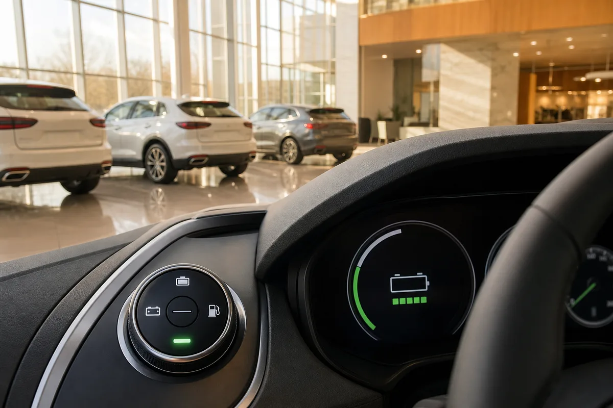 Sélecteur de mode hybride et compteur affichant l’autonomie électrique disponible